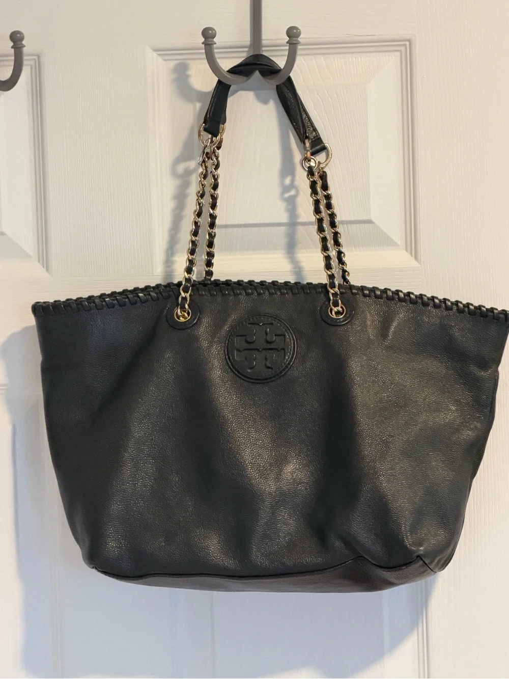Tory Burch Black Leather Chain-Handle Tote with Logo Medallion